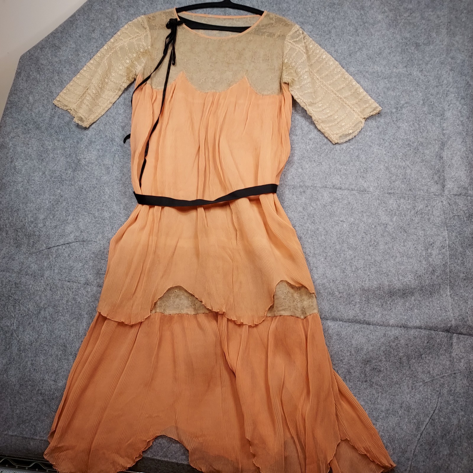 1910s Flapper Dress Lace Chiffon Authent Peach Sash Titantic True Vintage