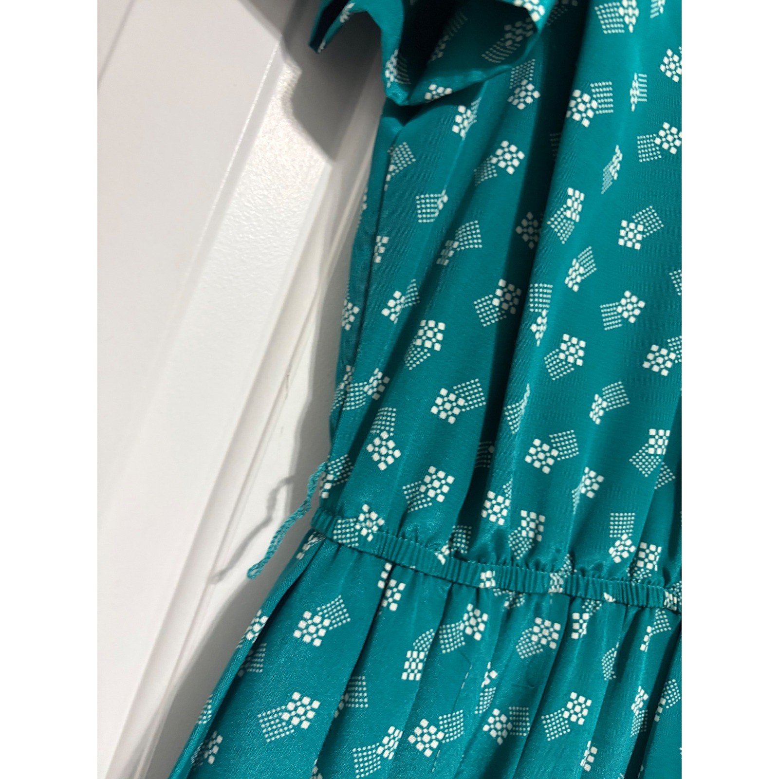Leslie Fay Dress Vintage 80s Secretary Teal Geometric Pleated Midi Size 14