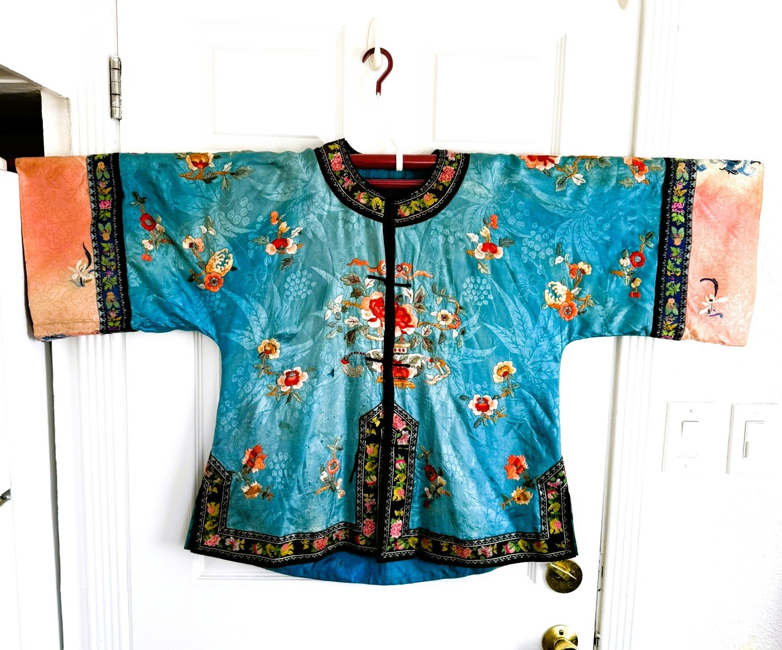 1920s 2pc Chinese Silk Satin Embroidered Blue and Peach Floral Robe Pants Set