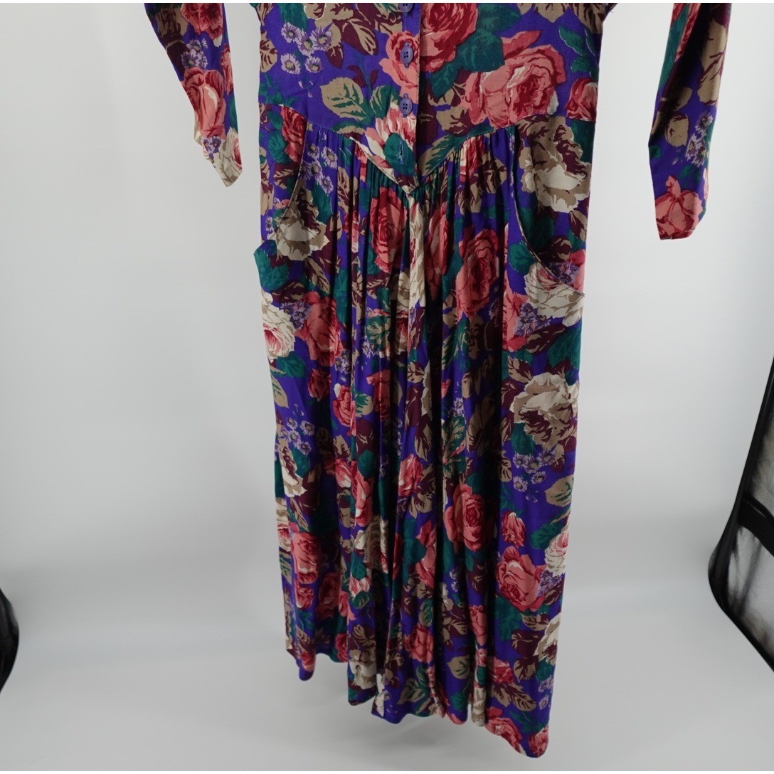 Carol Anderson Vintage Purple Floral Midi Dress Button Front Pockets 80s USA