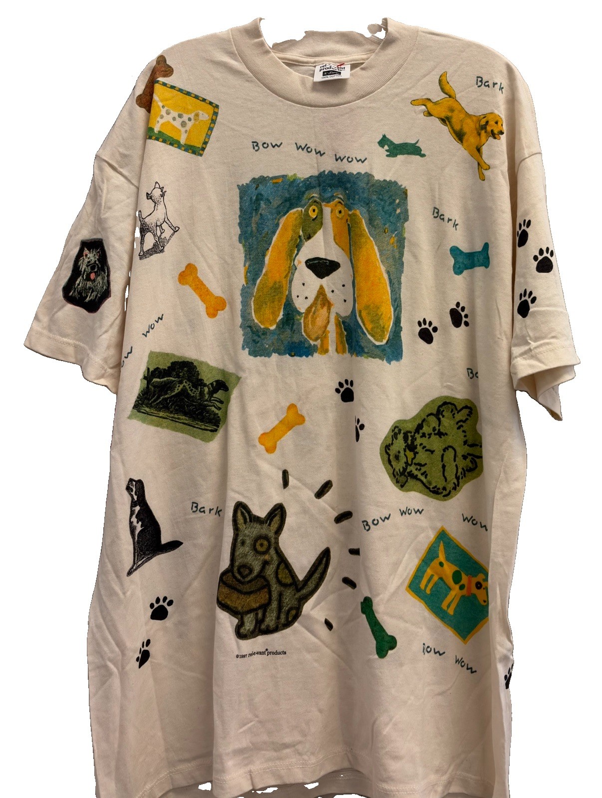 Vintage 1997 Relevant Products All Over Print Dog Bow Wow Tee Sz. Large New