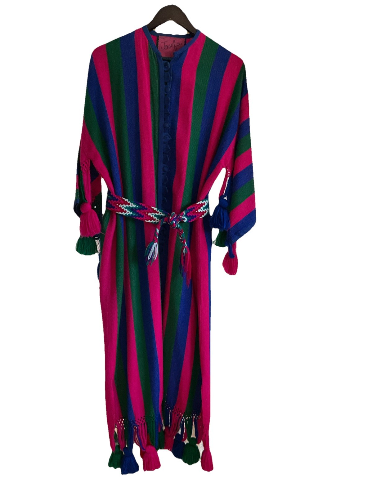 VTG Josefa Boho Caftan Maxi Dress Multicolor Pink Green Blue Pompoms Belt, Small