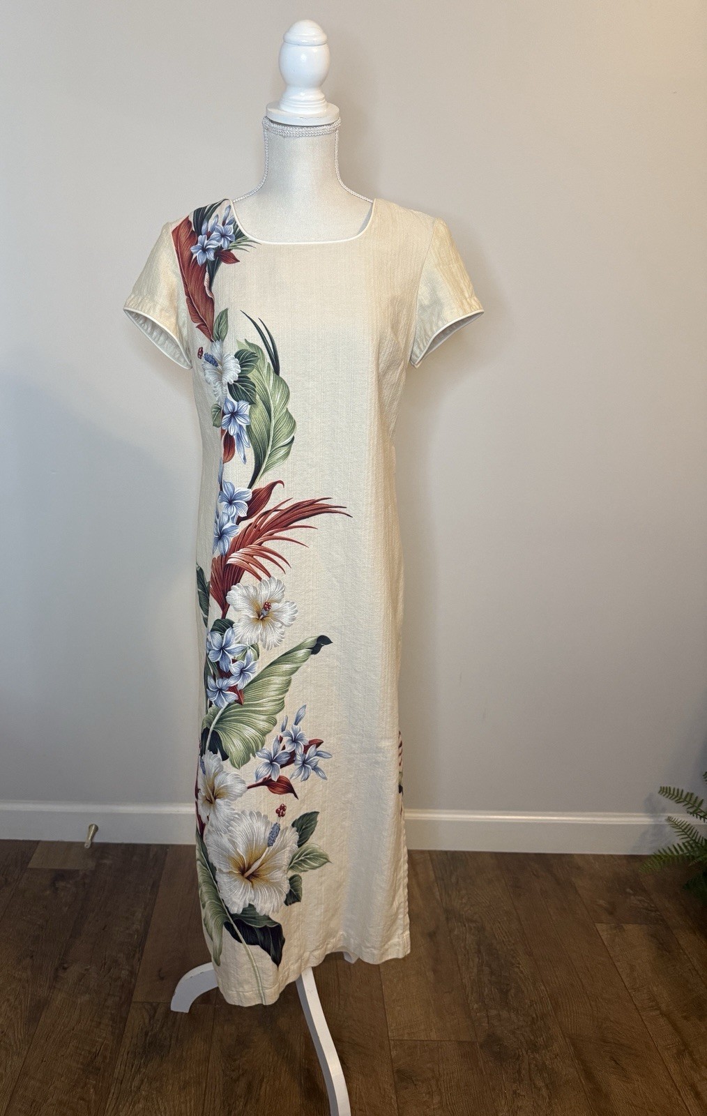Vintage Young Hawaii Natural Linen Tropical Maxi Dress Sz M