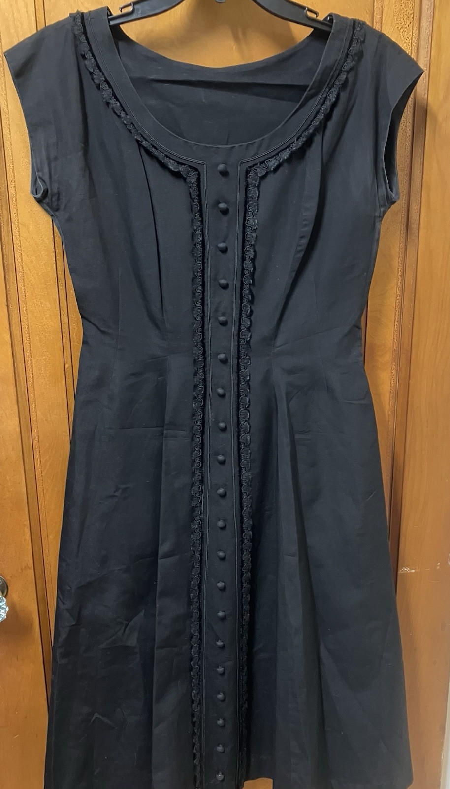 Vtg Beautiful Handmade Black Tailored Dress Covered Buttons Lace 50’s