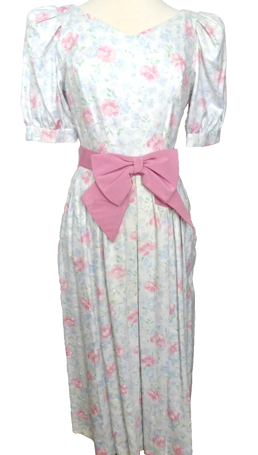 Vintage Lanz Originals Cottagecore Pink & Lt Blue Floral Dress w/ Bow US Size 8