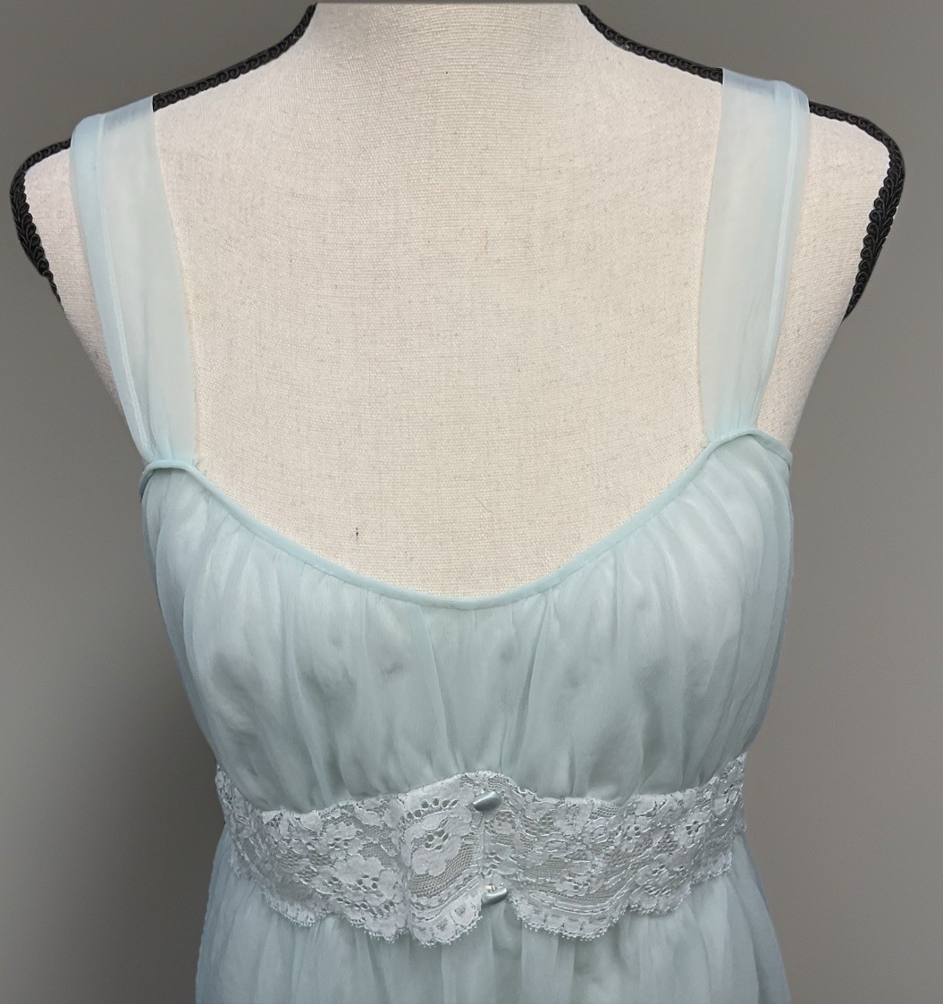 VTG Lisette Lingerie Blue Lace Chiffon 2 Layer Nightgown Sz 32/S Hollywood Glam