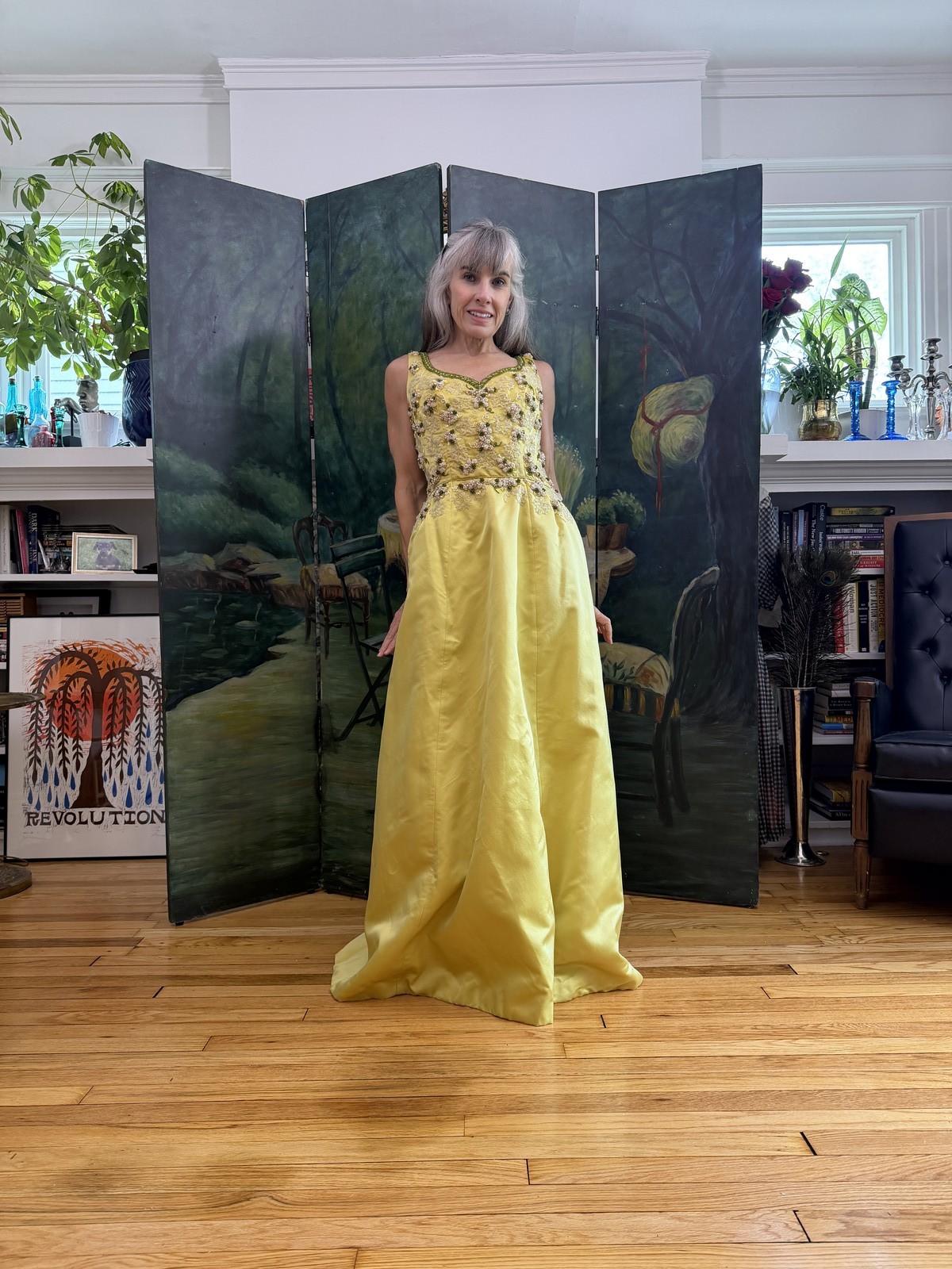 1960s Yellow Silk Beaded Evening Gown Size 12 – Medium Fit