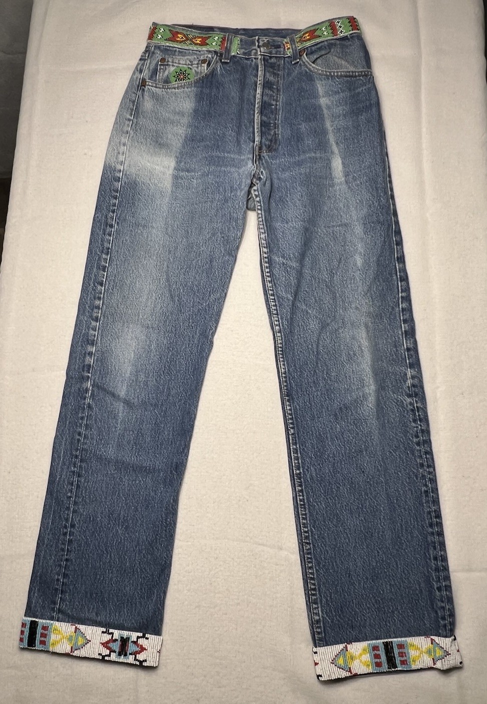 VTG USA Made Levi’s 501 Jeans Red Tab 33×34 (28×29.5) Beaded Aztec Southwestern