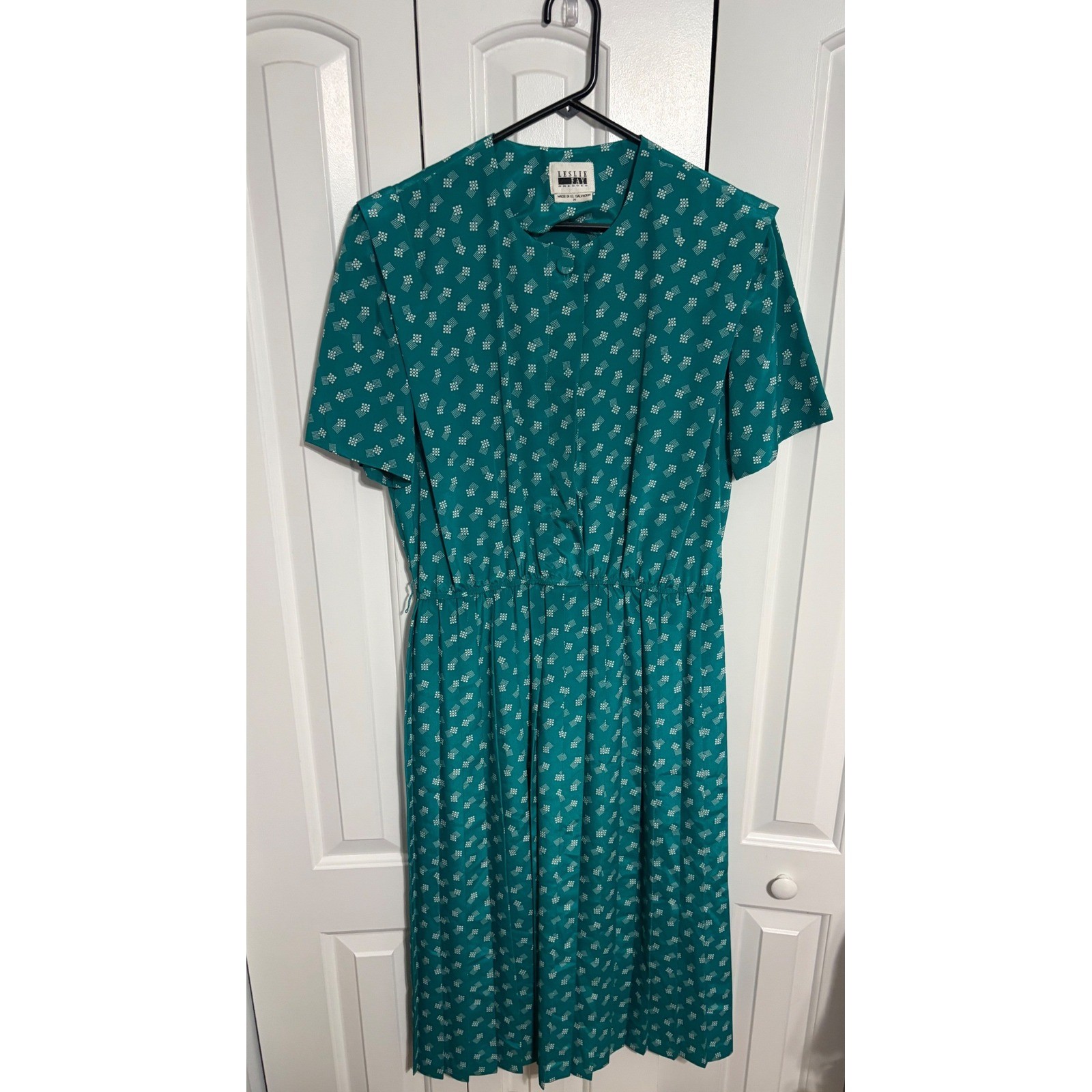 Leslie Fay Dress Vintage 80s Secretary Teal Geometric Pleated Midi Size 14