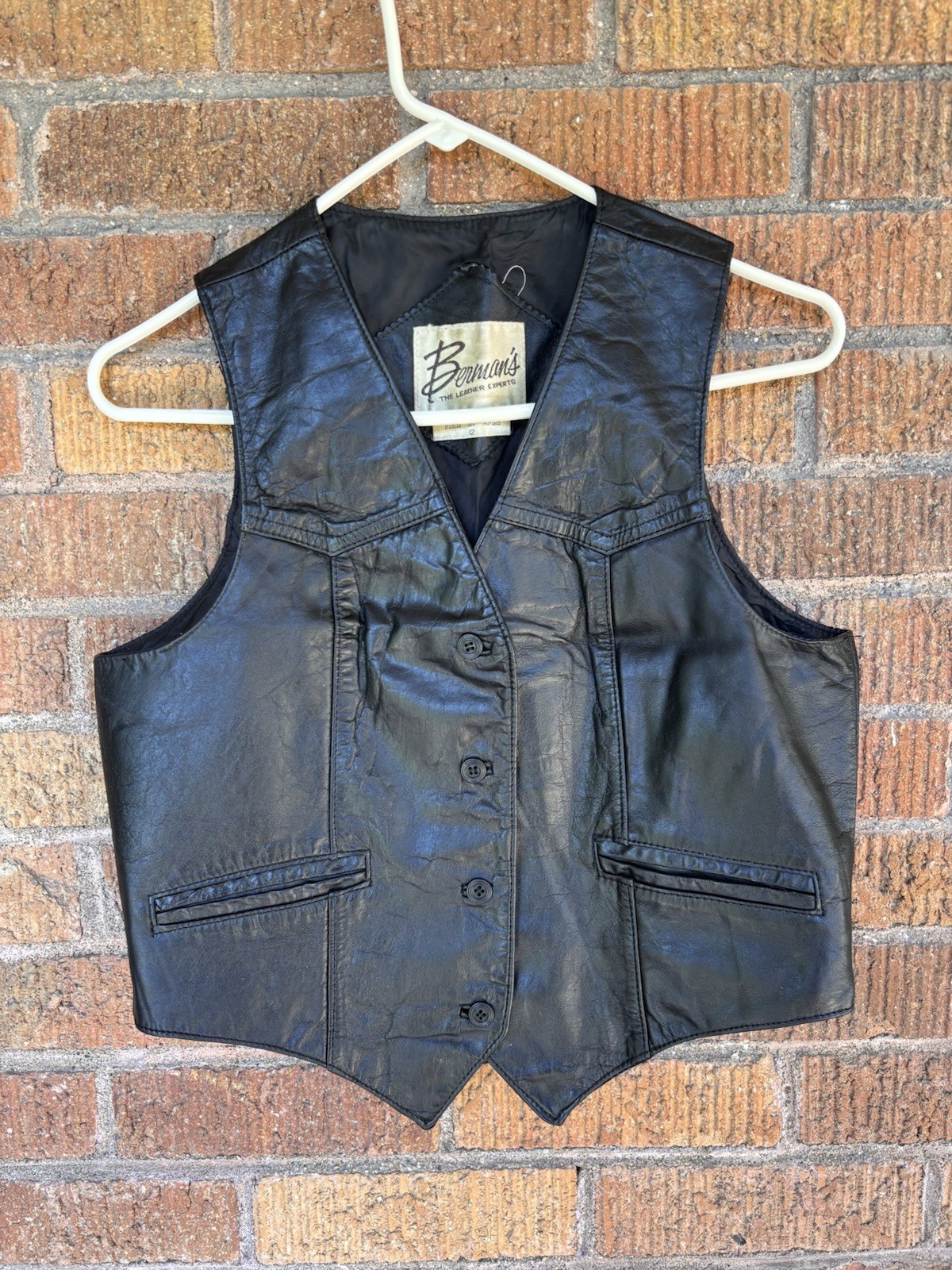 Vintage Bermans Black Leather Button Up Vest & Mini Skirt Set Sz 12 S Biker Goth