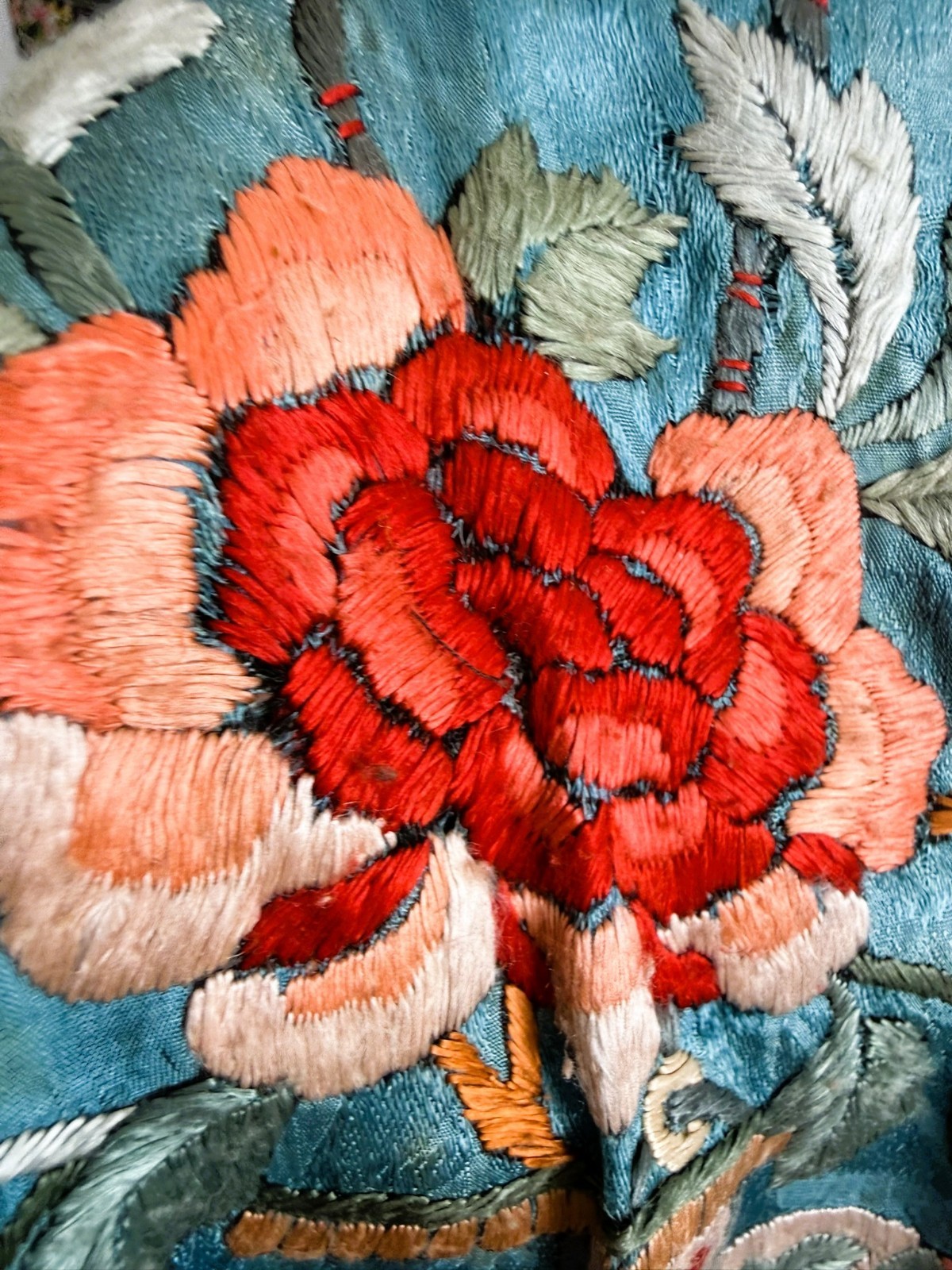 1920s 2pc Chinese Silk Satin Embroidered Blue and Peach Floral Robe Pants Set