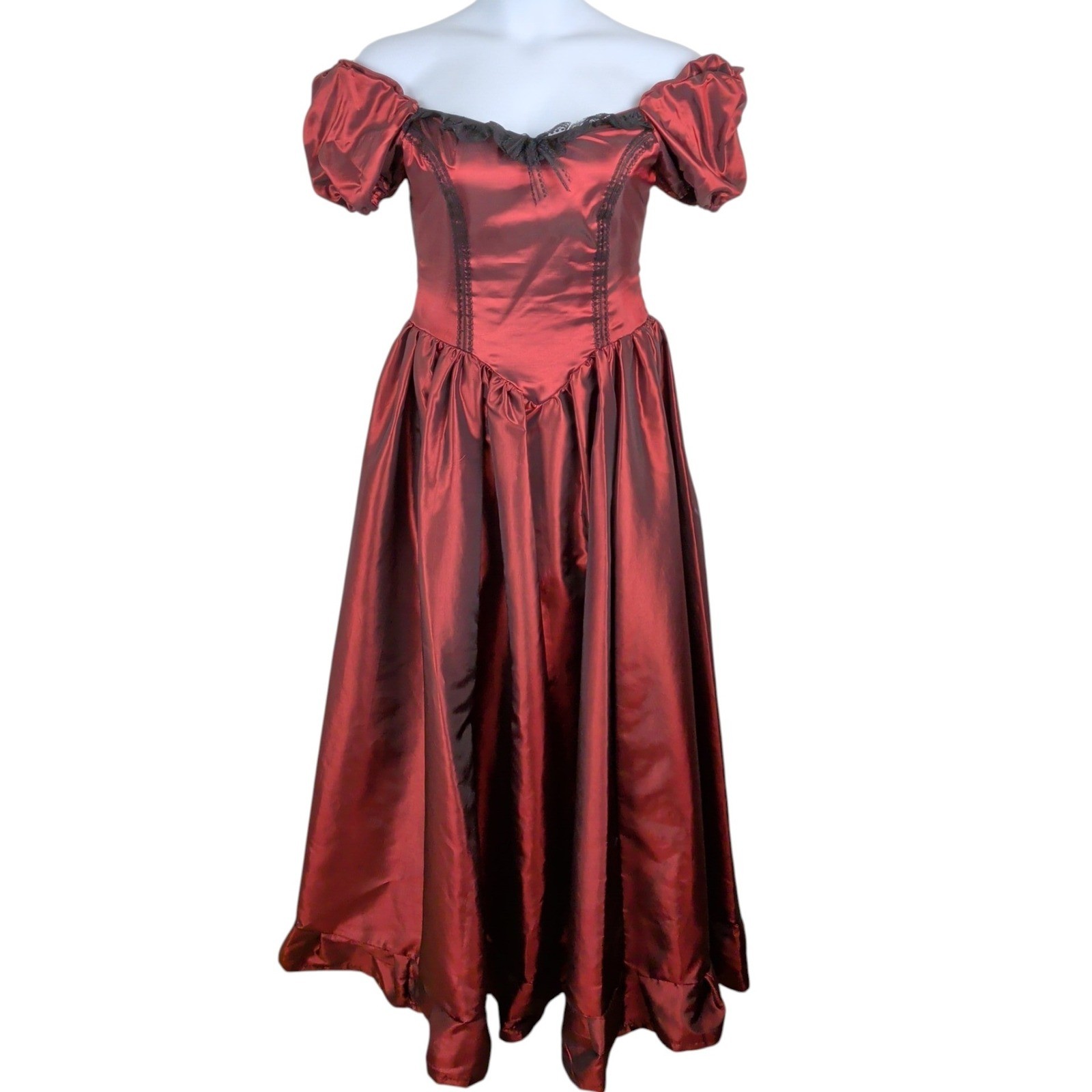 Red Victorian Goth Renaissance Lace Up Corset Dress Puff Sleeve Black Lace Trim