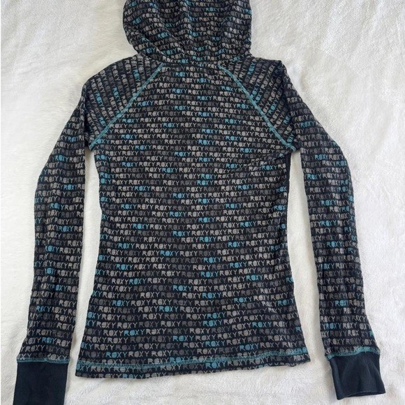 Roxy teal black graphic babydoll hooded henley top y2k vintage grunge skater
