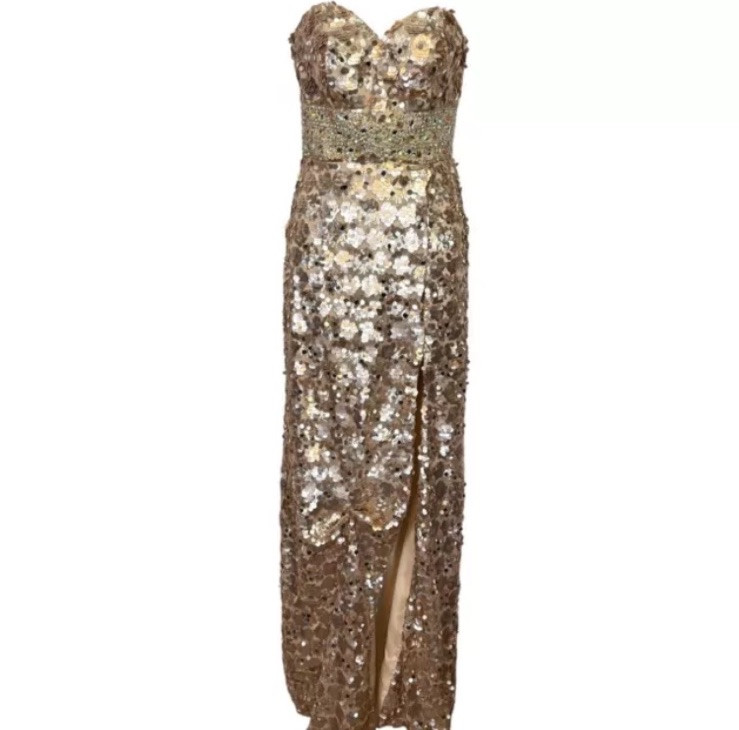 Vtg Night Moves Gold Rose Sequin Aurora Borealis Formal Prom Dress 8 Medium GUC