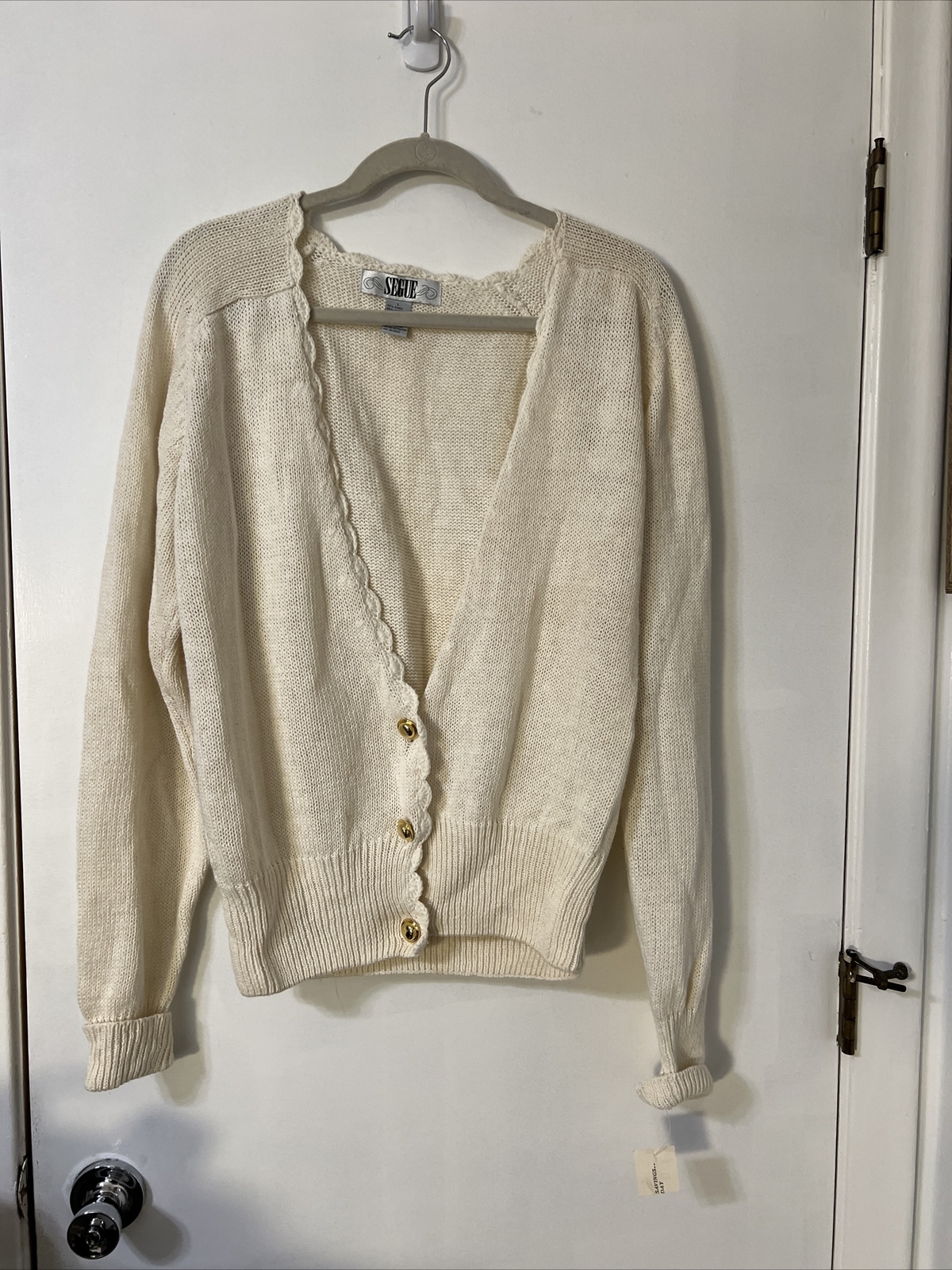 New With Tag Vintage Segue Knitted Ivory Gold Button Cardigan Sweater Sz Large