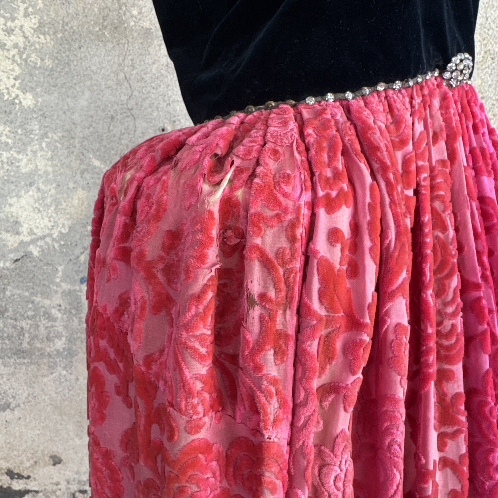 Antique 1920s Robe De Style Stage Dress Pink Devore Velvet Fringe Rhinestone VTG