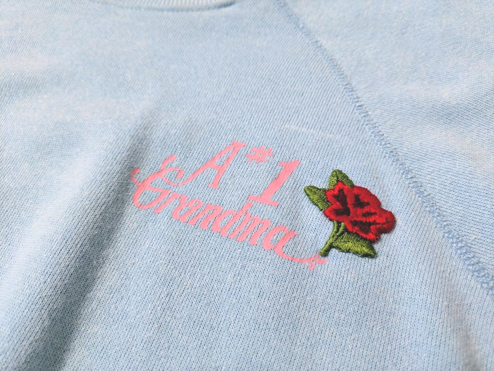 Vintage 80s/90s Hanes Cotton Sweater #1 GRANDMA Embroidered Rose Powder Blue XL