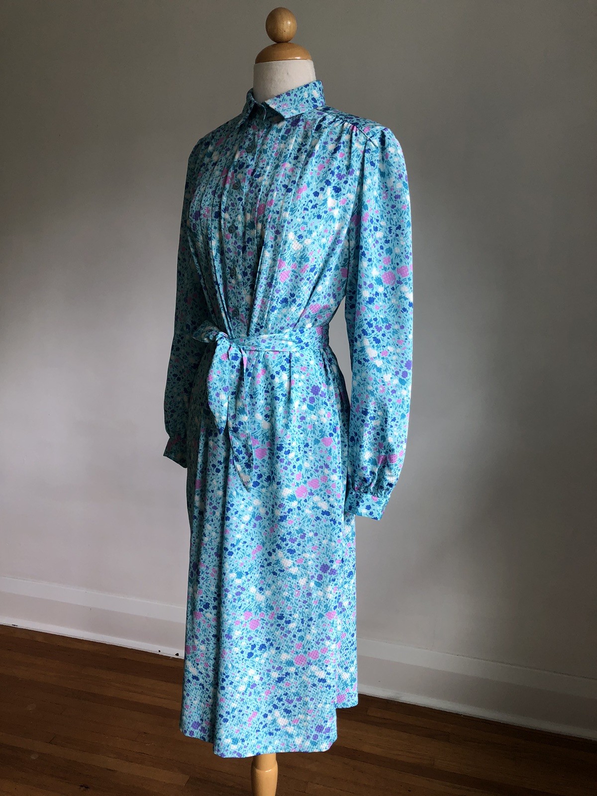 BEAUTIFUL VTG SCHRADER SPORT New York Blue Floral Silky Button-up Midi Dress 10