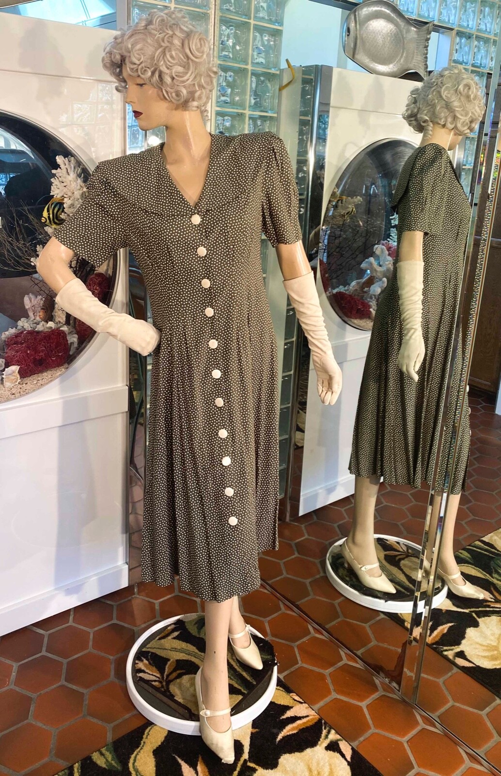 VTG 90s Green Polkadot Dress Button Down size M Cottage Core Country