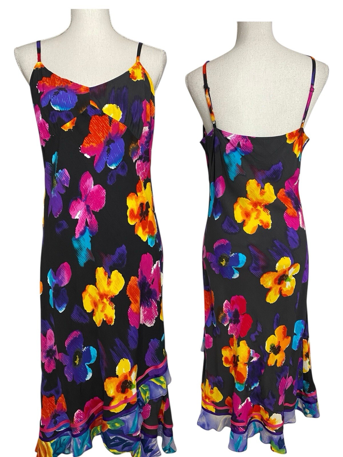 Vintage Jams World XL Midi Slip Dress Black Floral Artsy Cruise Beachy Resort