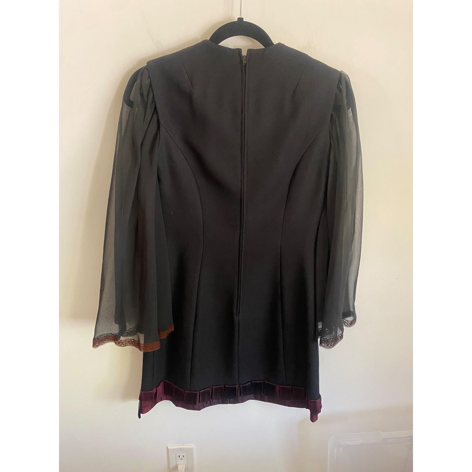Vintage Leslie Fay Black Mini Dress Sheer Bell Sleeves Satin Trim Gothic Mod