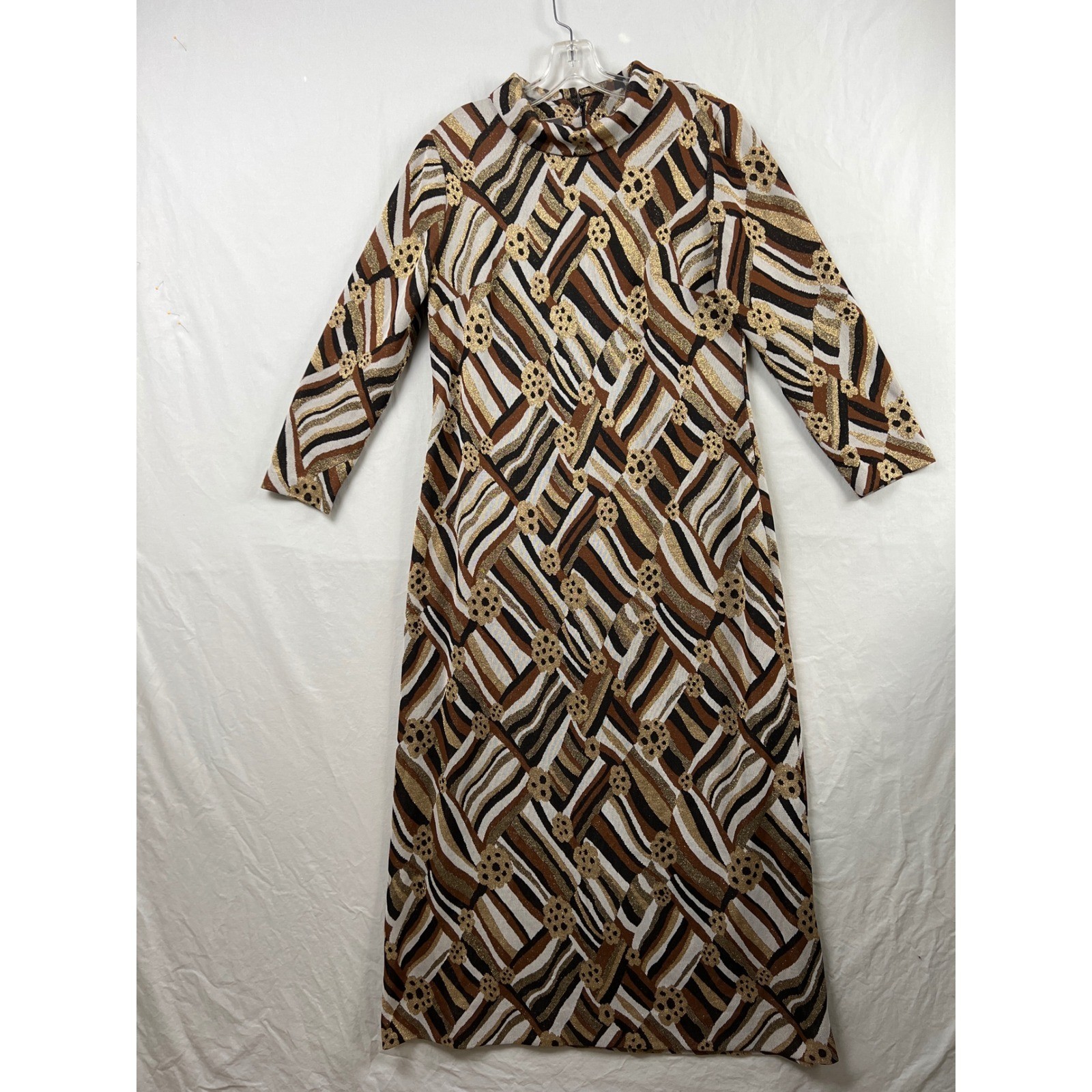 Vintage 70s Edith Flagg Maxi Dress Womens L Brown Gold Mod Metallic Knit Stretch