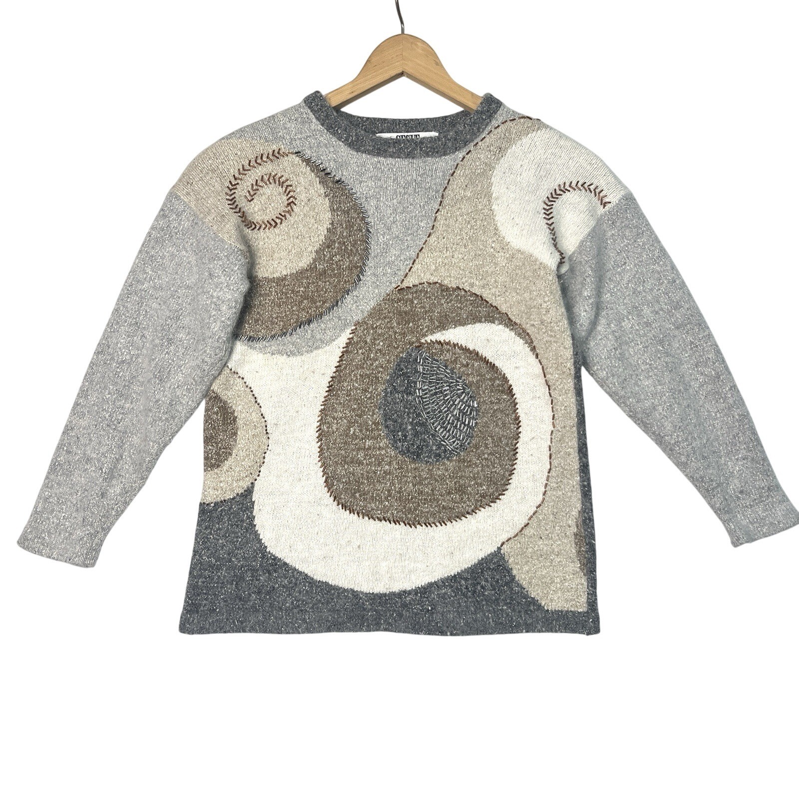 VTG Segue Silk Angora Lambswool Sweater Art to Wear Sz small Gray Tan Beaded
