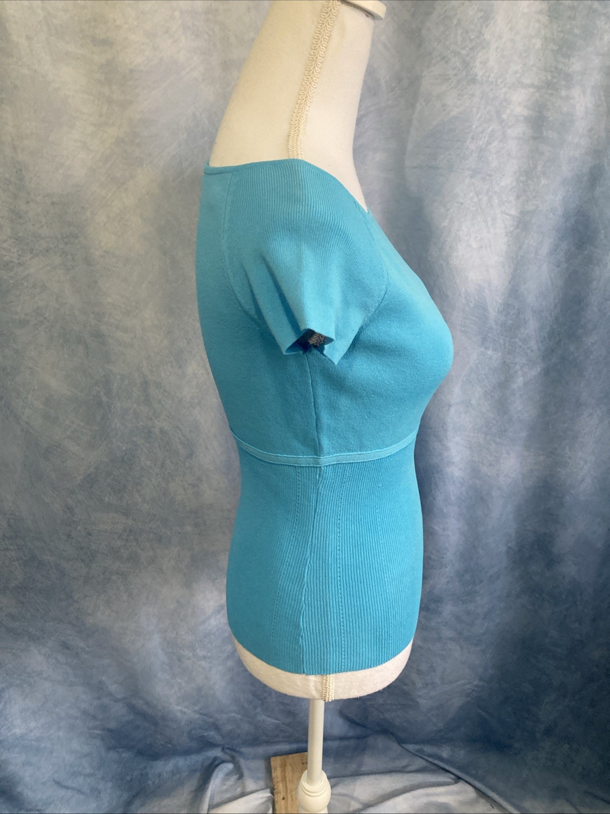 Vintage Casual Corner Turquoise Ribbed Knit Top Size Small Tie Waist Y2K EUC