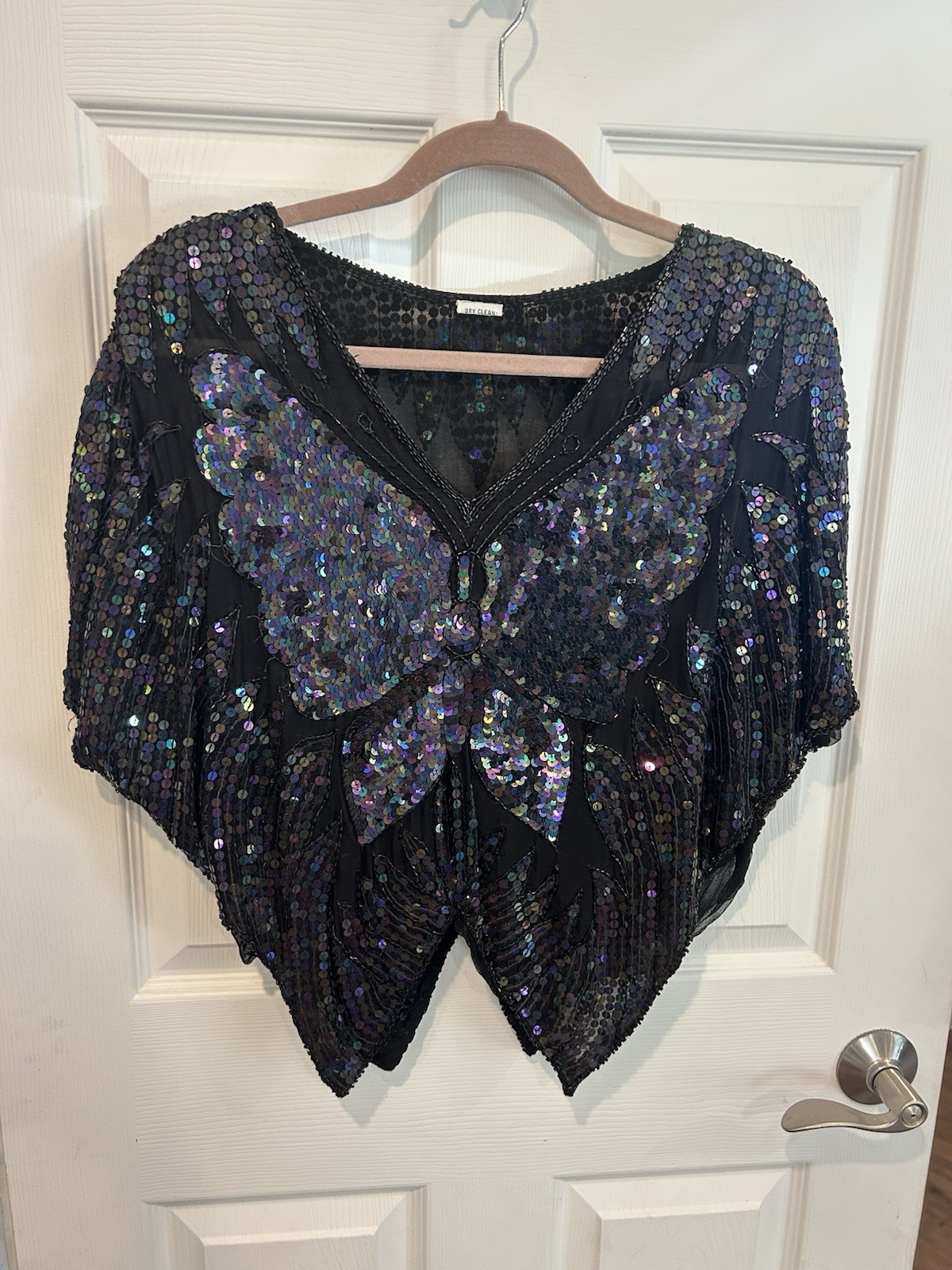 Pure Silk Black Sequin Beaded Butterfly V-Neck Dolman Sleeve Blouse One Size