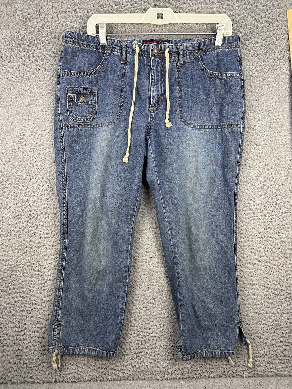VTG Y2K Aeropostale Denim Capri Pants Jeans Sz 11/12 Drawstring Medium Wash EUC
