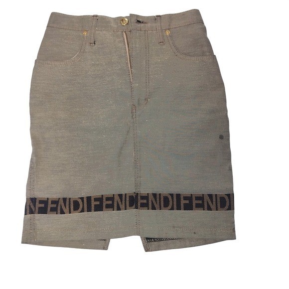 Fendi Jeans Vintage Logo Tape Denim Mini Skirt Taupe Gray Made in Italy 26