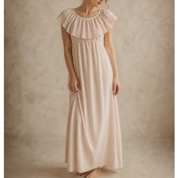 Vintage Sears Peach Pleated Accordion Ruffle Empire Waist Maxi Dress Size 8 j3