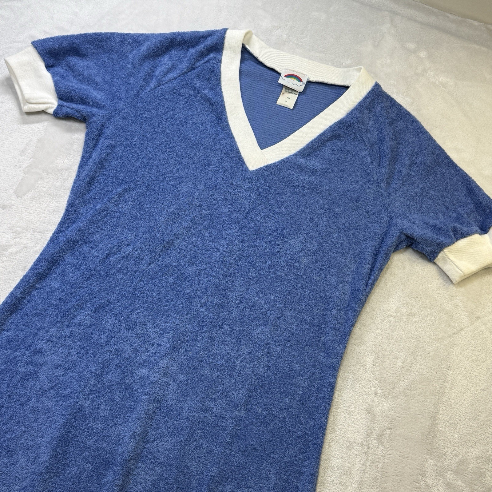 Vintage 70s Rainbow Terry Cloth Cover Up Dress Blue White Size 10