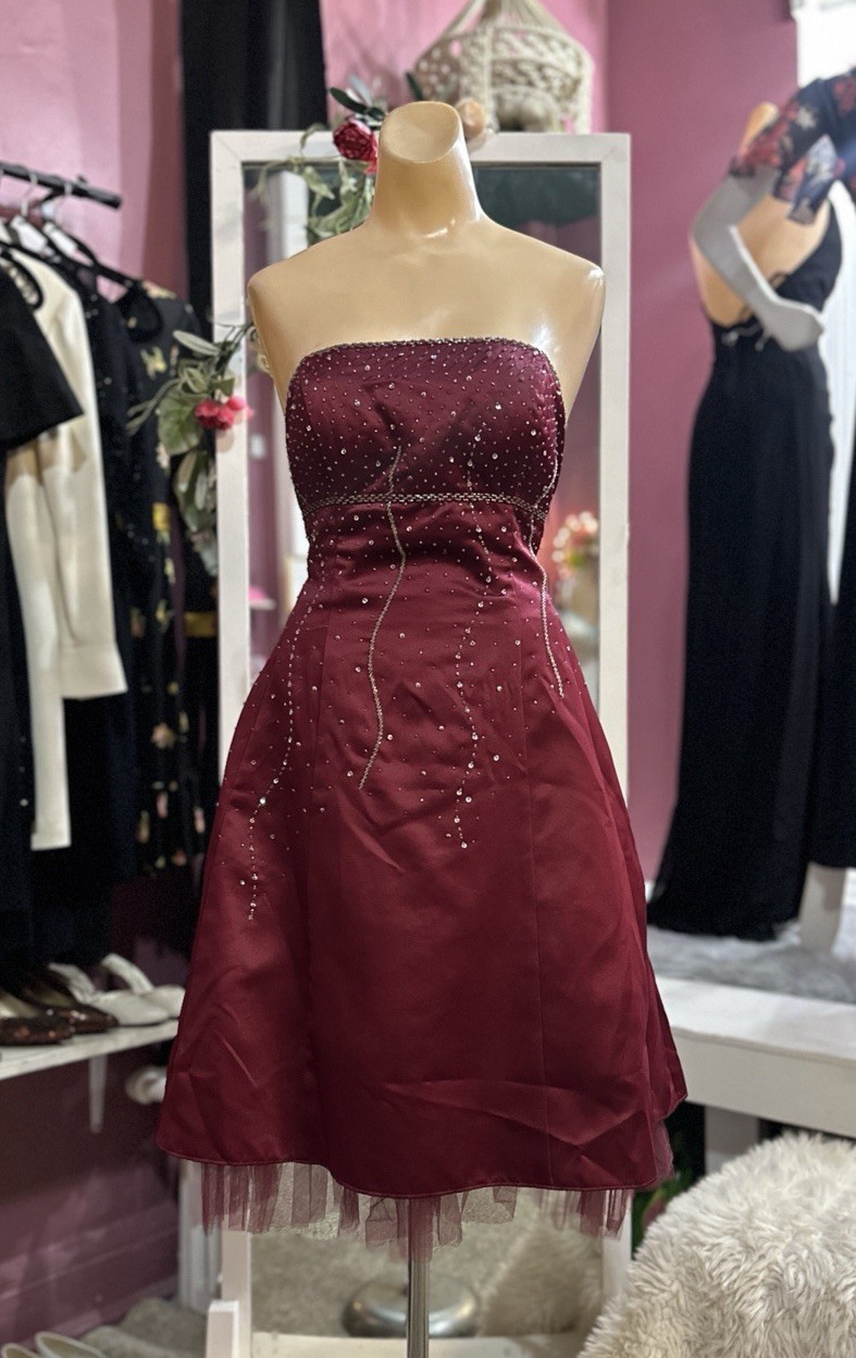 Vintage Y2K 2000s Beaded Fairy Mini Corset Dress Burgundy Red Strapless S/M