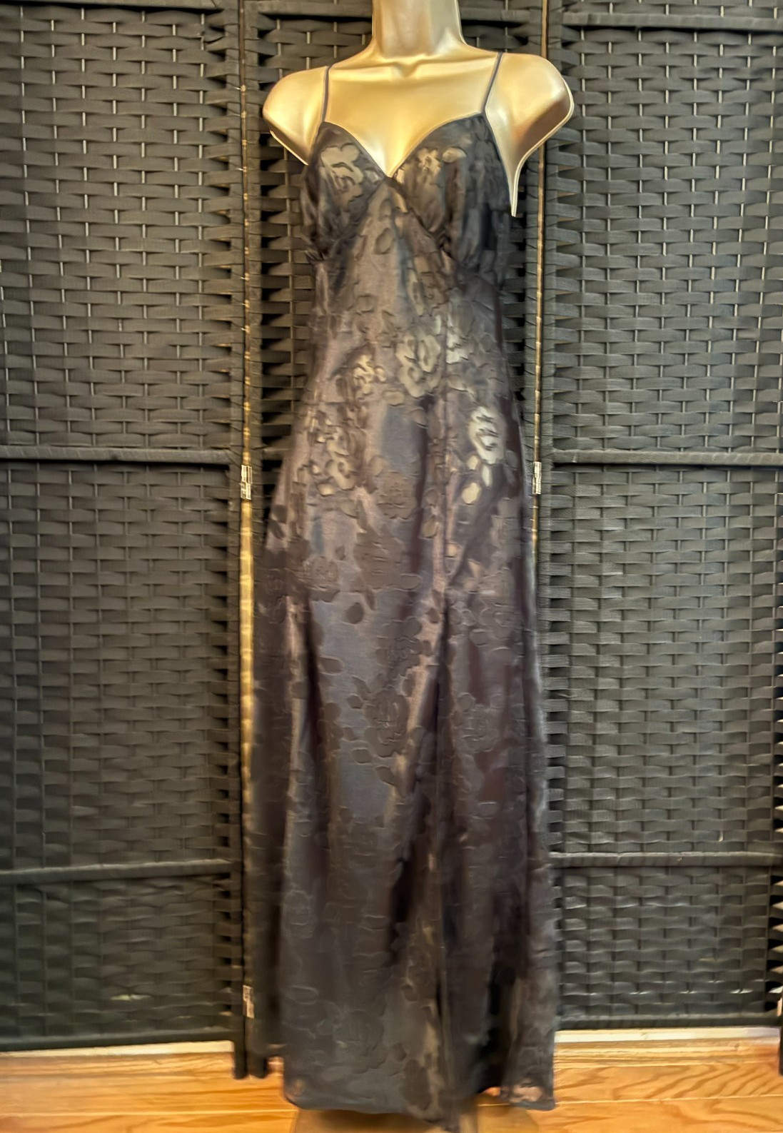 Vintage VICTORIAS SECRET LONG NIGHTGOWN Large Black SHEER BURNOUT Gold Label