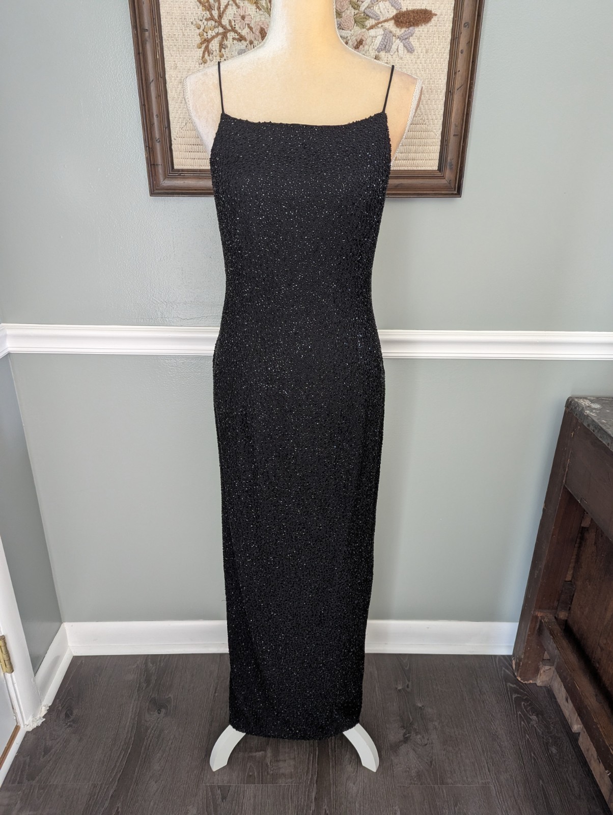 Vintage 90s Y2K Jump Apparel Black Fully Beaded Formal Dress Gown EUC Size 11/12