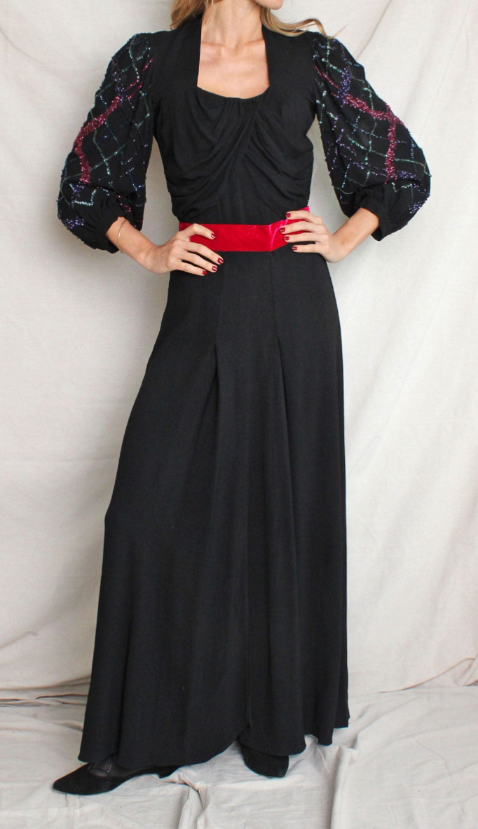 1940s vintage balloon sleeve sequin gown crepe black dress long draped pleated