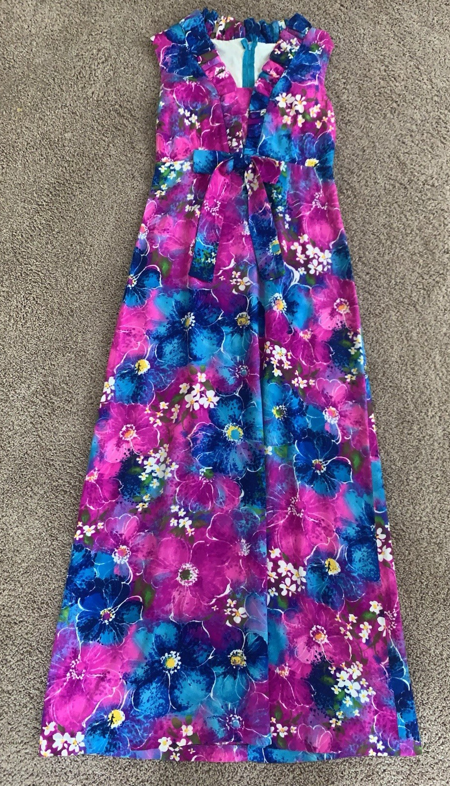 Vtg Hawaiian Dayglow Aloha Floral Empire Maxi Polynesian Bazaar Dress-32″ Chest