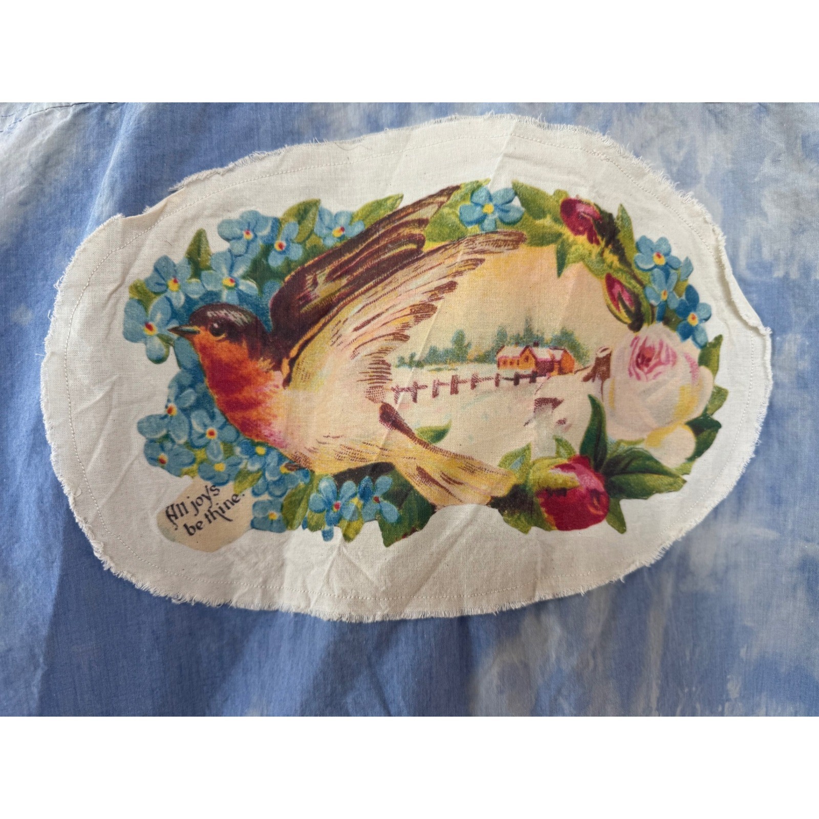 Upcycled Chambray Shirt Bird Patch Cottagecore XL Cotton