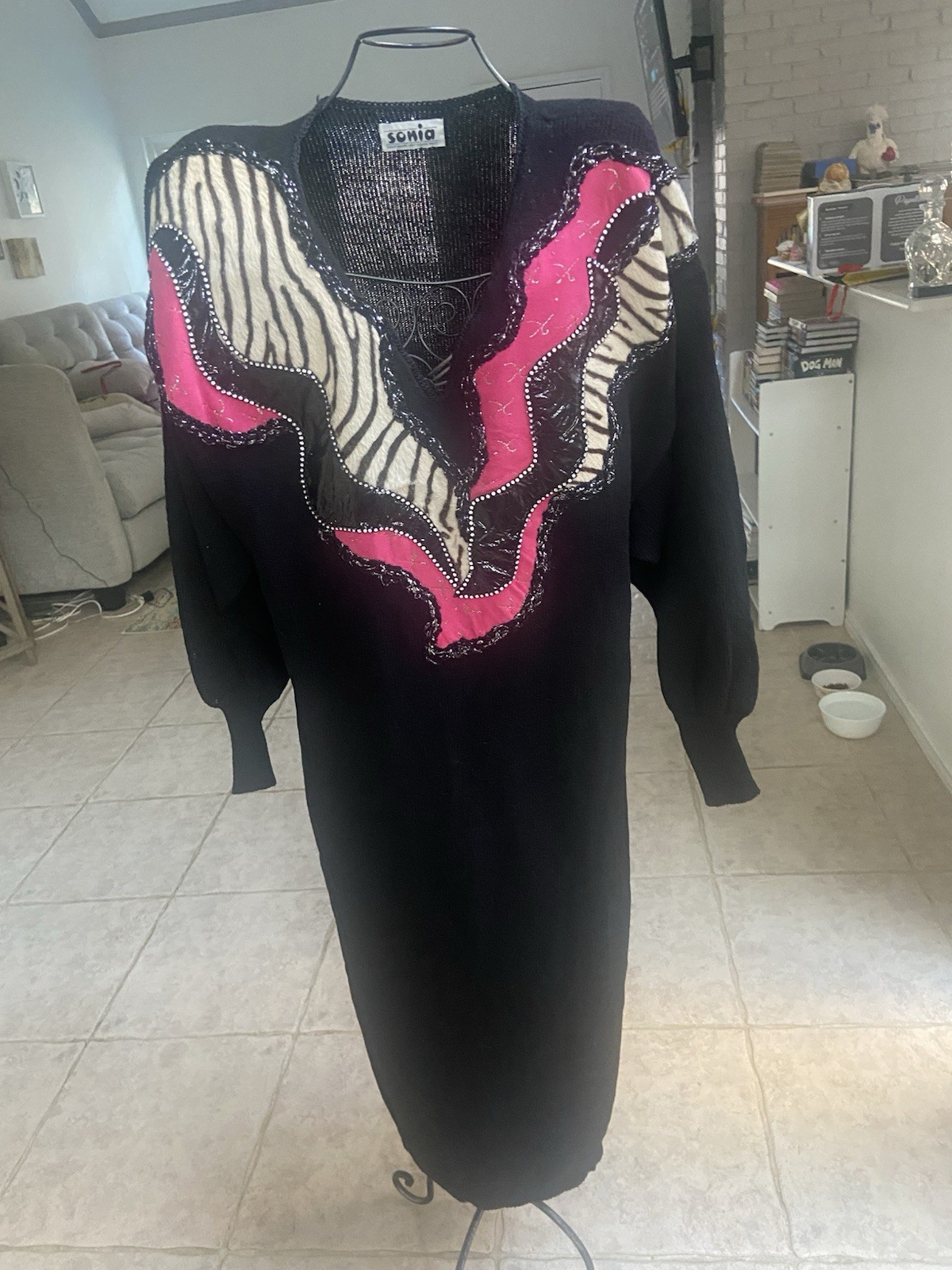 VTG 80s Sonia Handmade Knit Black Sweater Dress Zebra Hot Pink Glam Rock Disco