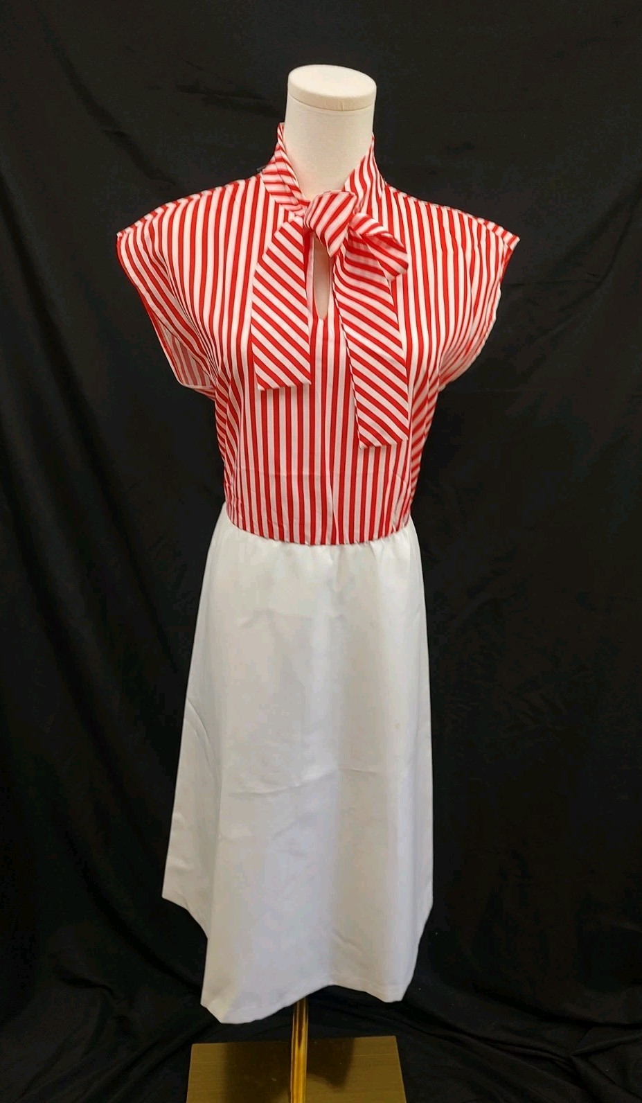 70’s Vintage Day Dress Casual Red & White Stripe Bow Neck White Skirt Summer 12