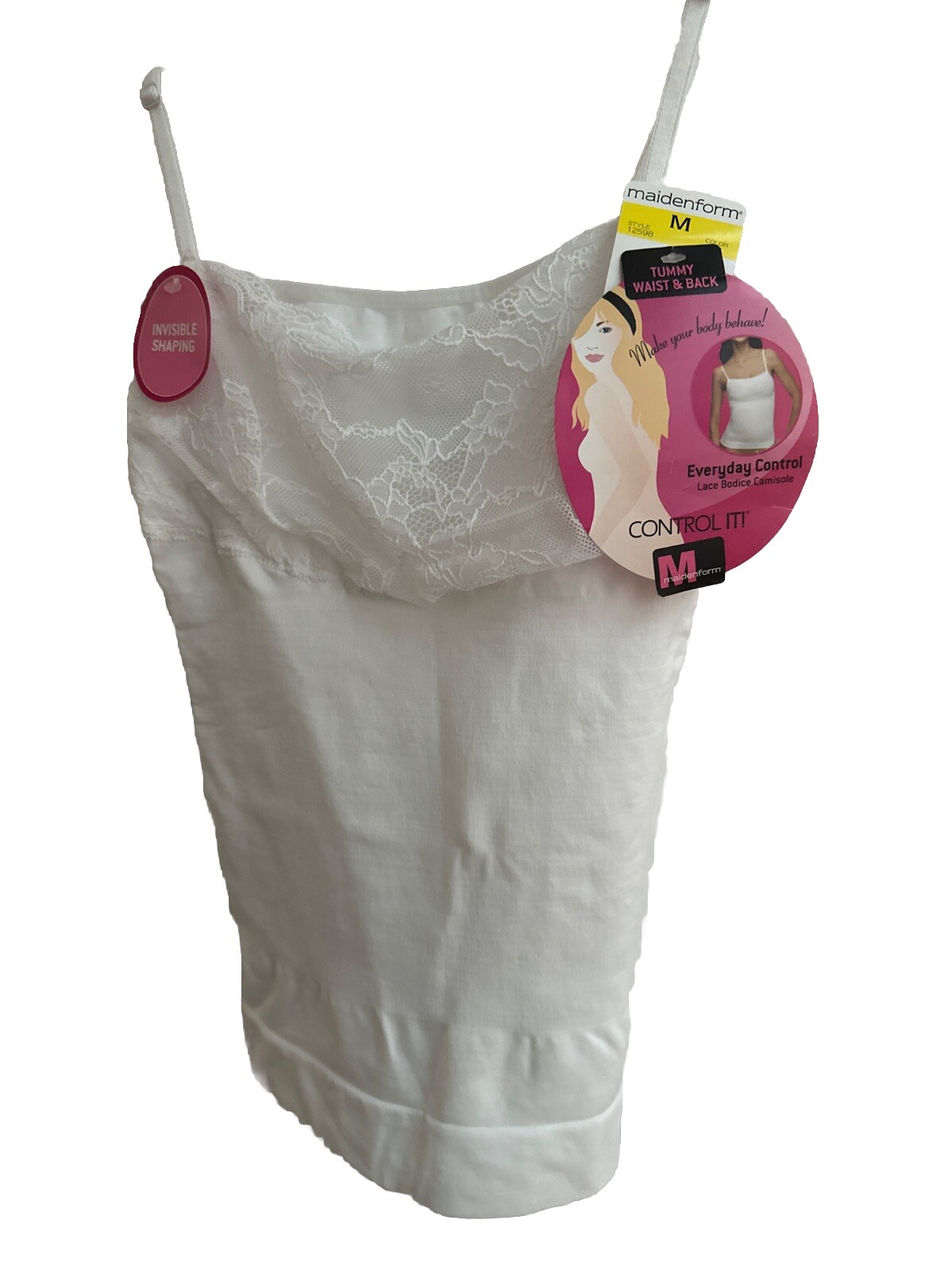 MAIDENFORM 12598 Sz: M-White 🤍Control It Lace Bodice Everyday Control Camisole
