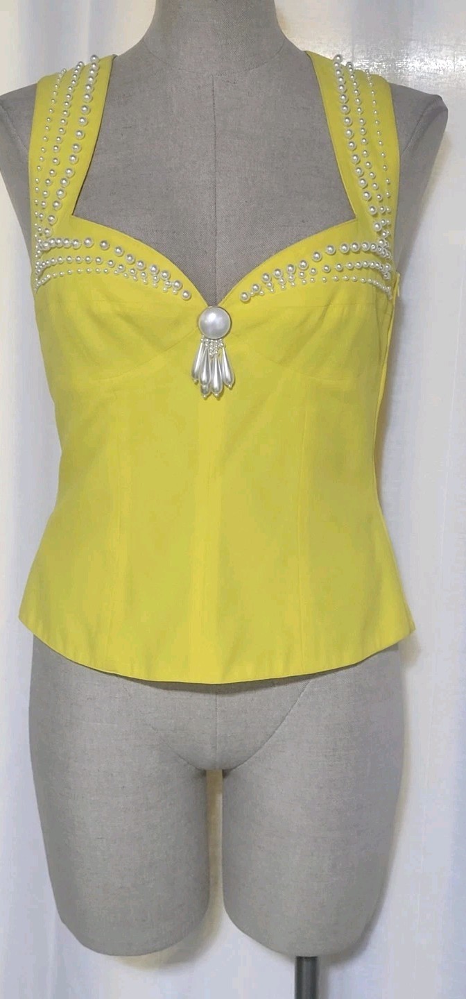 Vintage 80s 90s Byblos Yellow Bustier Style Pearls Embellished Top Italy 42 6