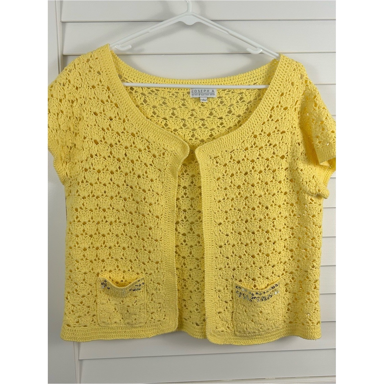 Vintage Yellow Crochet Cardigan Short Sleeve Sequin Pockets Large