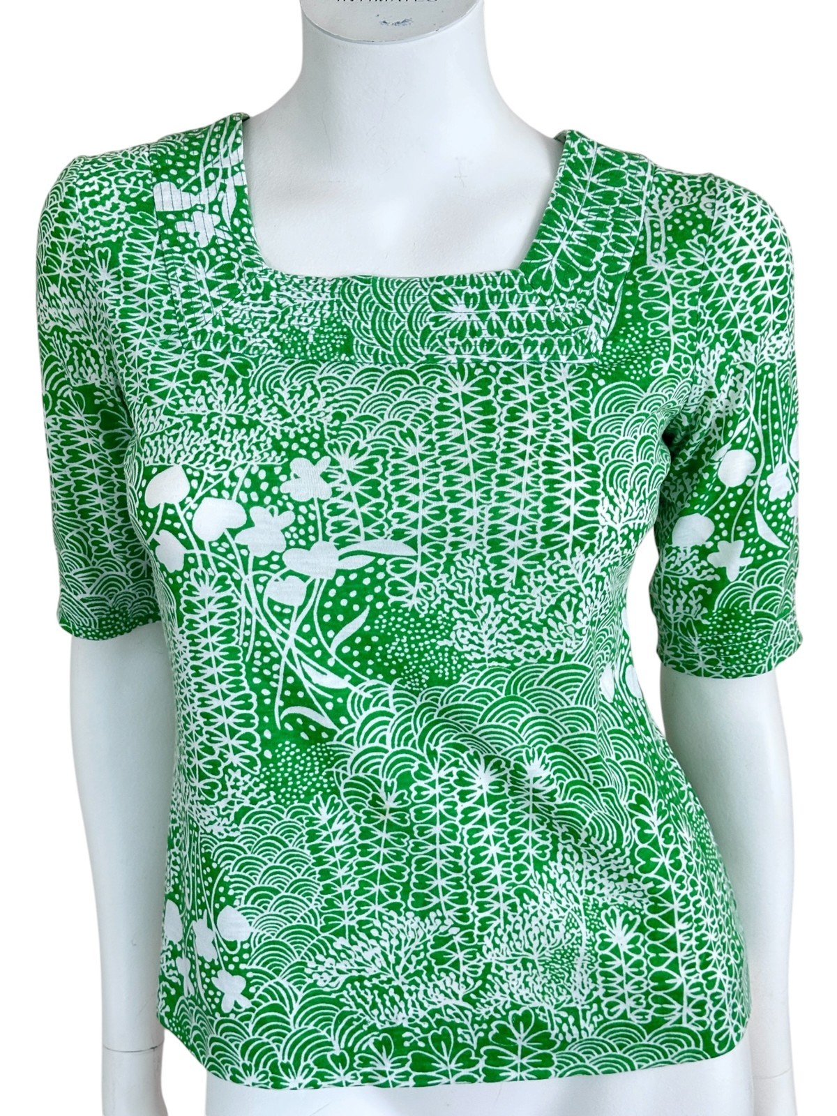 Vtg 70s Ditsy Geometric Floral Print Top Size S Square Neck Cotton Green White