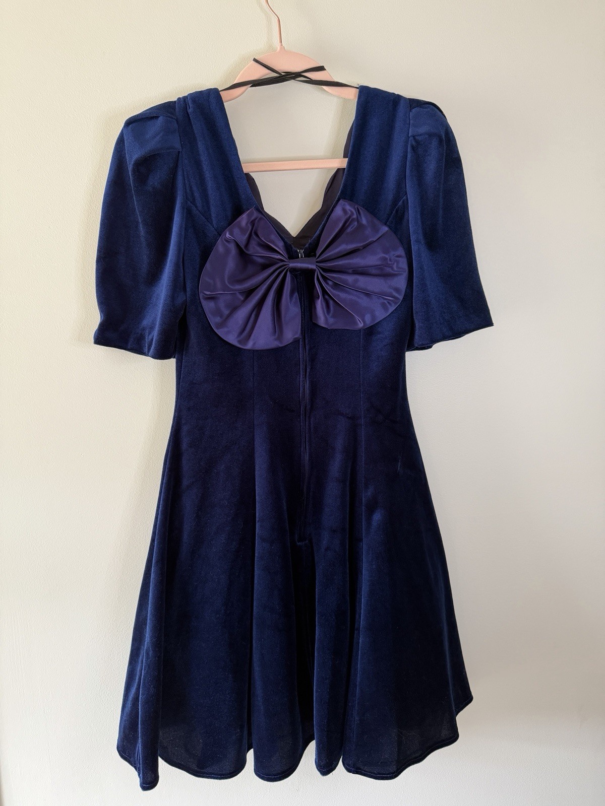 Vintage Jodi Michaels Velvet Dress Size 5 Navy Blue Puff Sleeve Satin Bow 90s