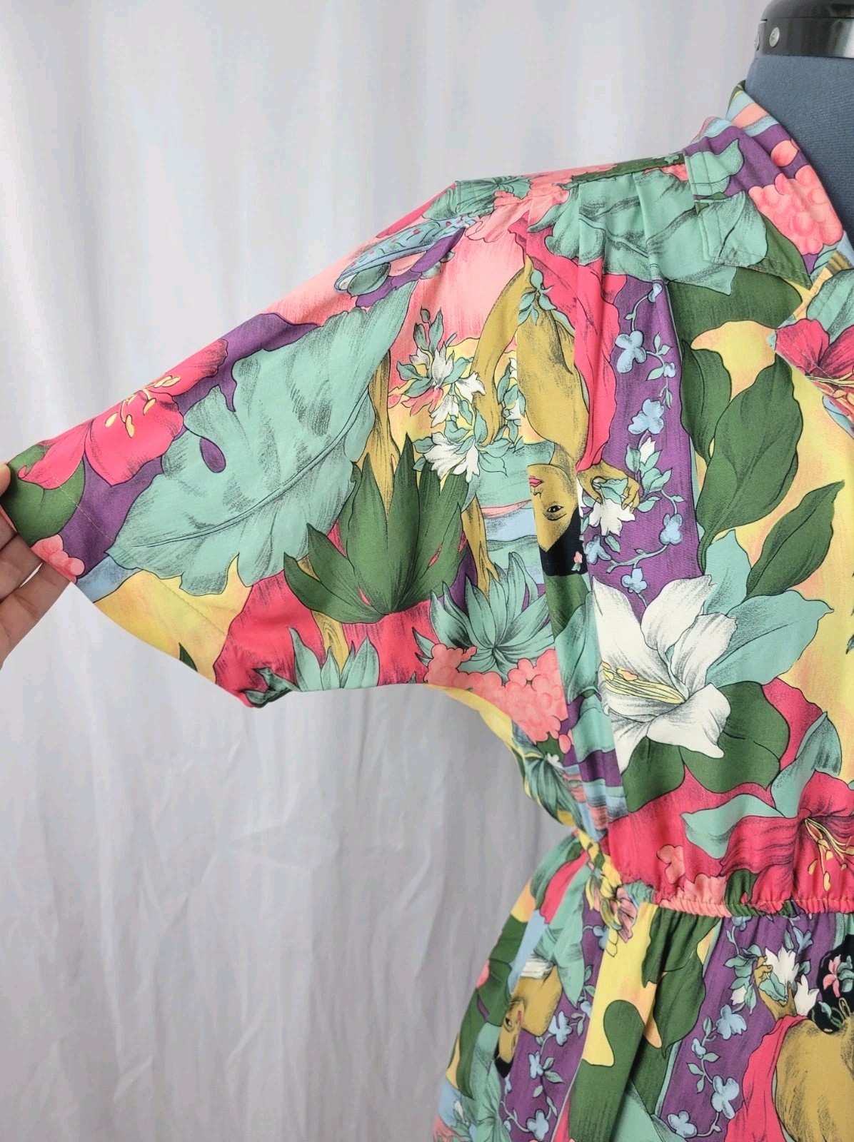 Vtg Carol Anderson Multicolor Floral & Lady Printed Blouson Dress Size S/M?