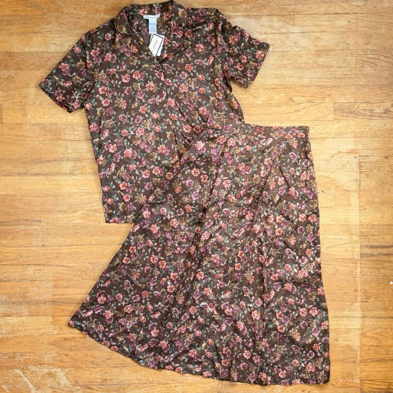 Vintage Floral Silk Midi Skirt Blouse Set Size Medium Brown Two Piece Outfit