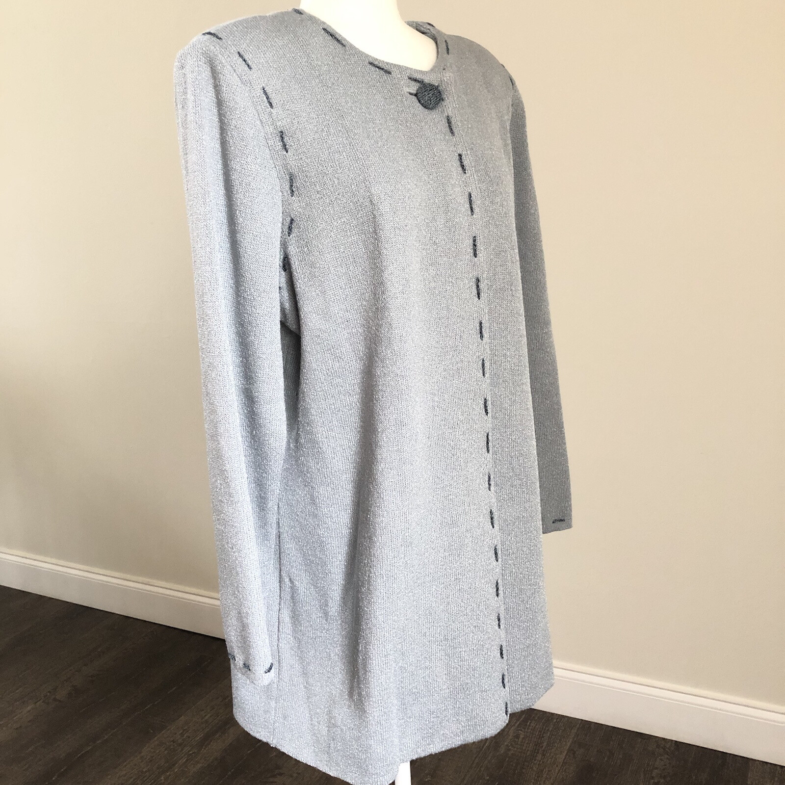 VTG FASONE Paris Women’s Top Coat Gray/Silver Knit Shoulder Pads LS Sz XL
