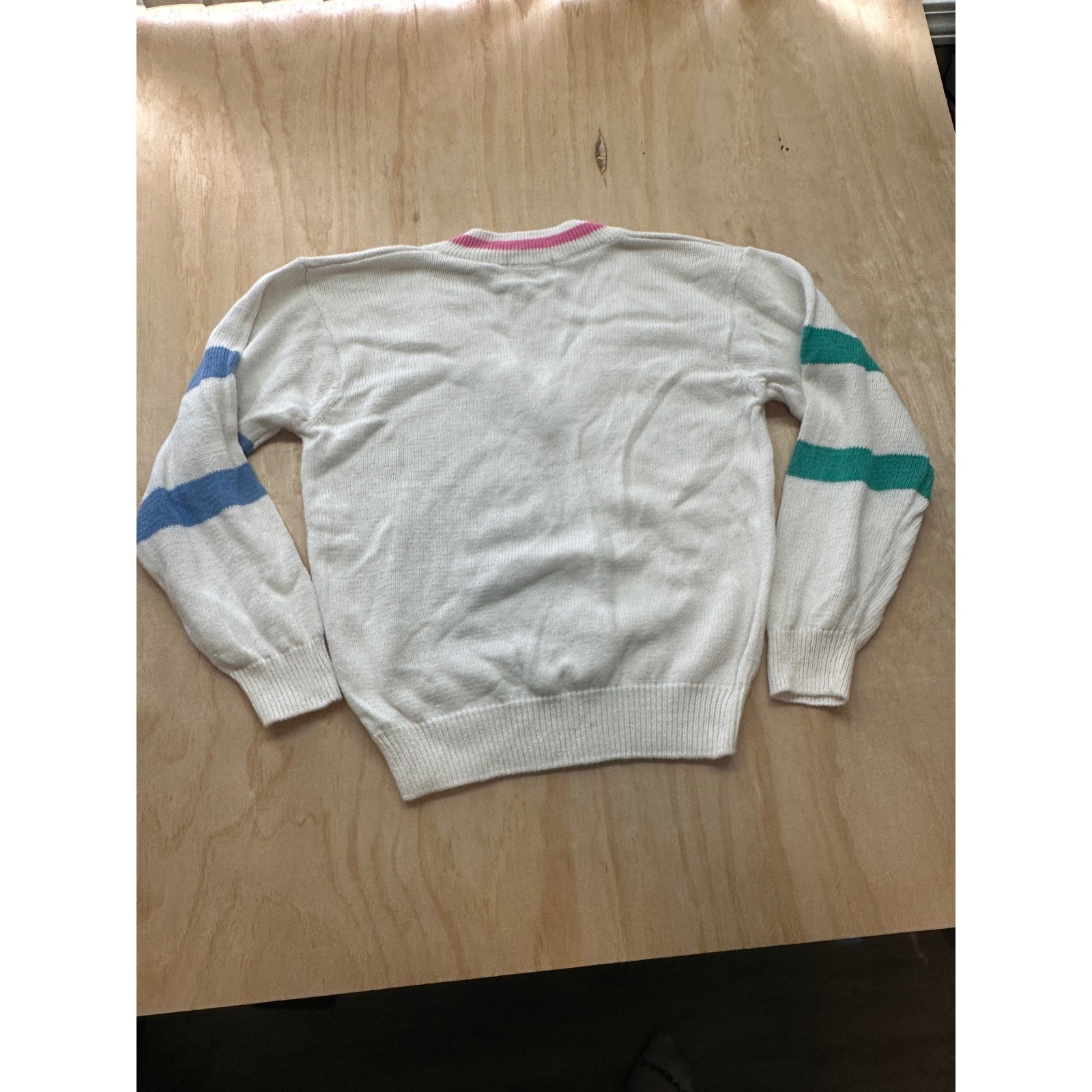 Vintage Forenza Sportswear V-Neck Sweater White Pink Blue Green Stripes Large